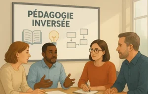Quatre personnes discutant autour d’une table avec un tableau blanc affichant “Pédagogie Inversée” et des icônes pédagogiques
