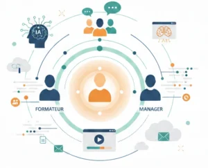 Illustration représentant un apprenant au centre d’un écosystème d’apprentissage numérique proposé par Double Voie, entouré d’un formateur, d’un manager et de pictogrammes symbolisant l’IA, les échanges et les ressources pédagogiques.