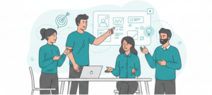 Illustration d’une scène de formation animée, avec un formateur et des participants échangeant autour d’un écran présentant des contenus pédagogiques, utilisée par Double Voie pour symboliser les apprentissages collaboratifs.